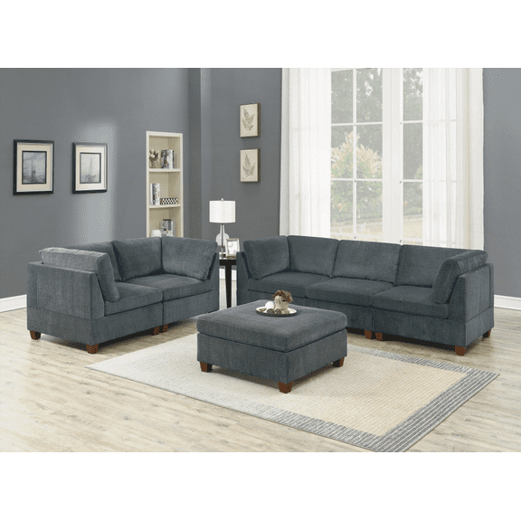 Living Room Furniture - Grey Chenille 6pc Modular Sofa Set | Corner Wedges, Armless Chairs & Ottoman