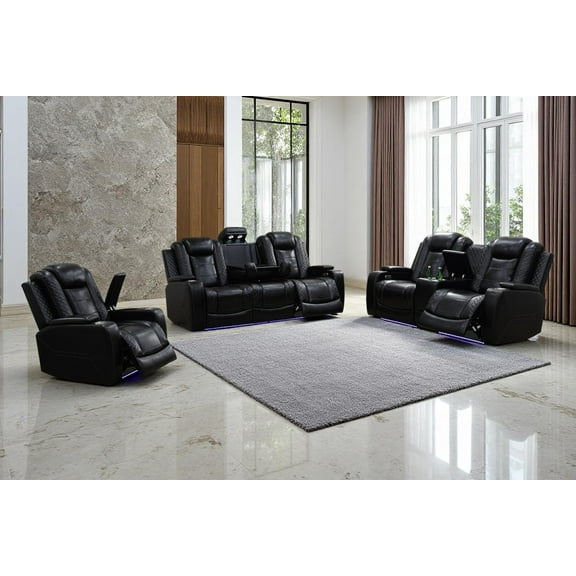 Living Room Furniture Sets, Black Leather Reclining Sofa Couch Loveseat and Chair with LED, USB Port/Coffee Table/Cup Holders for Home, Black