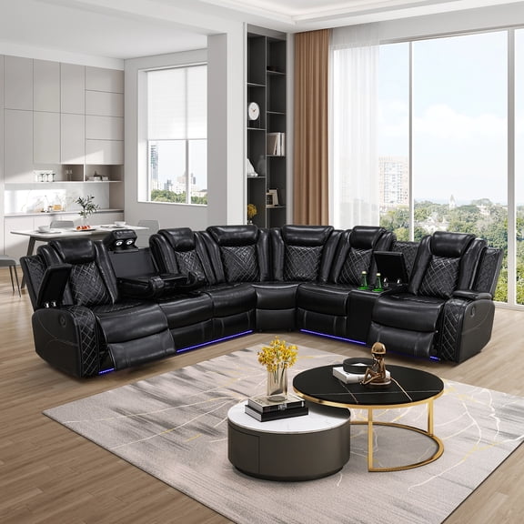 Living Room Furniture Sets, Power Reclining Sofa Set w/ 2 Recliners, Black Breathing Leather Recliner Sectional with LED Light, Modern Sectional Couch with Cup Holders & Storage Console