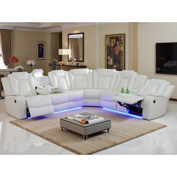 Living Room Furniture Sets, Power Reclining Sofa Set w/ 2 Recliners, Creamy White Breathing Leather Recliner Sectional with LED Light, Modern Sectional Couch with Cup Holders & Storage Console