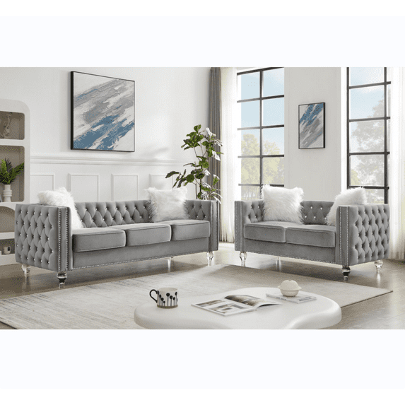 Living Room Furniture Sets with Tufted Loveseat and 3-Seater Couch, Chesterfield Couch Set of 2 with Plush Pillows, Crystal Legs and Nailhead Trim Arms, Comfy Couches for Living Room, Gray