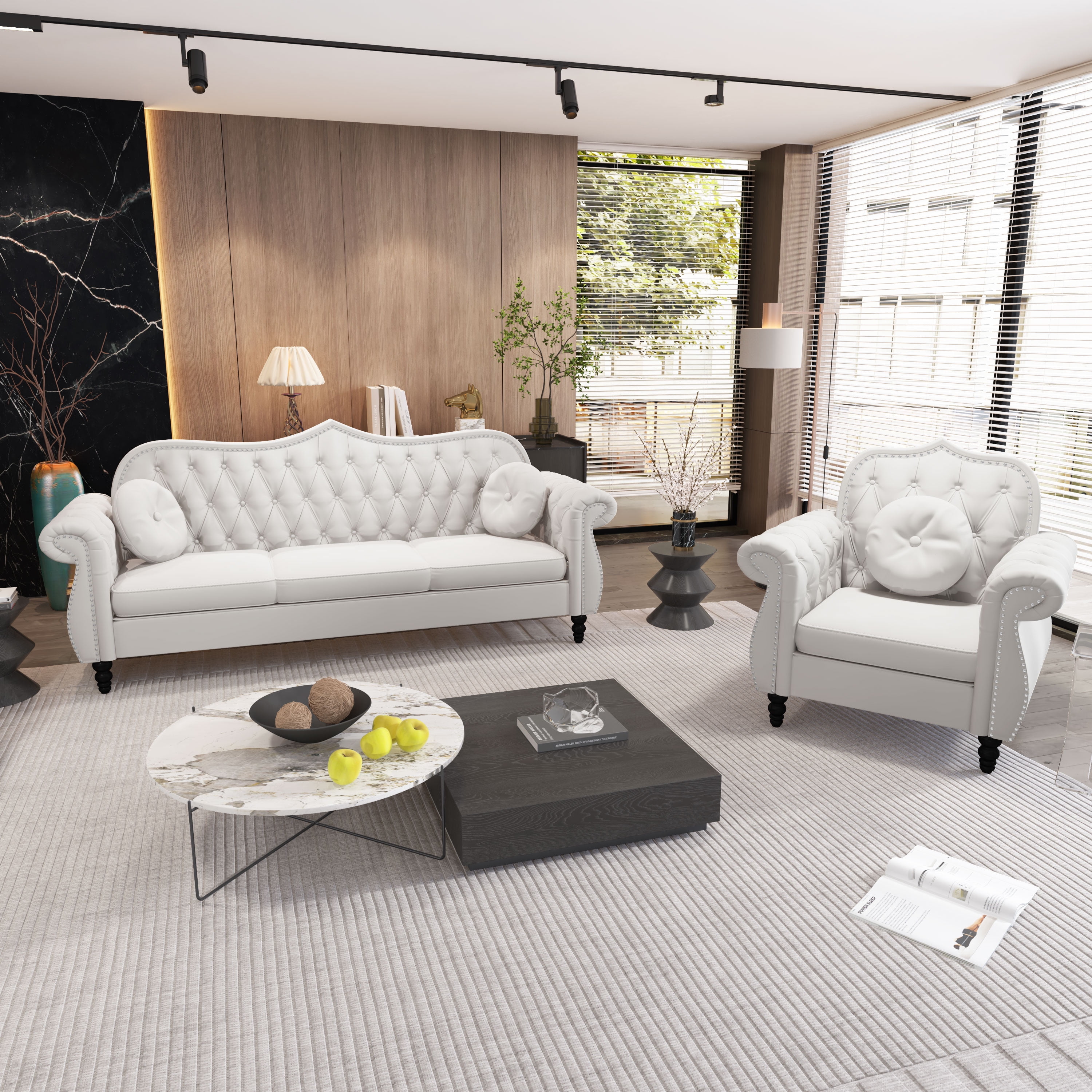 Giratree Living Room Furniture Sets, Chesterfield 2 Piece Sofa Set, Velvet Couch, White