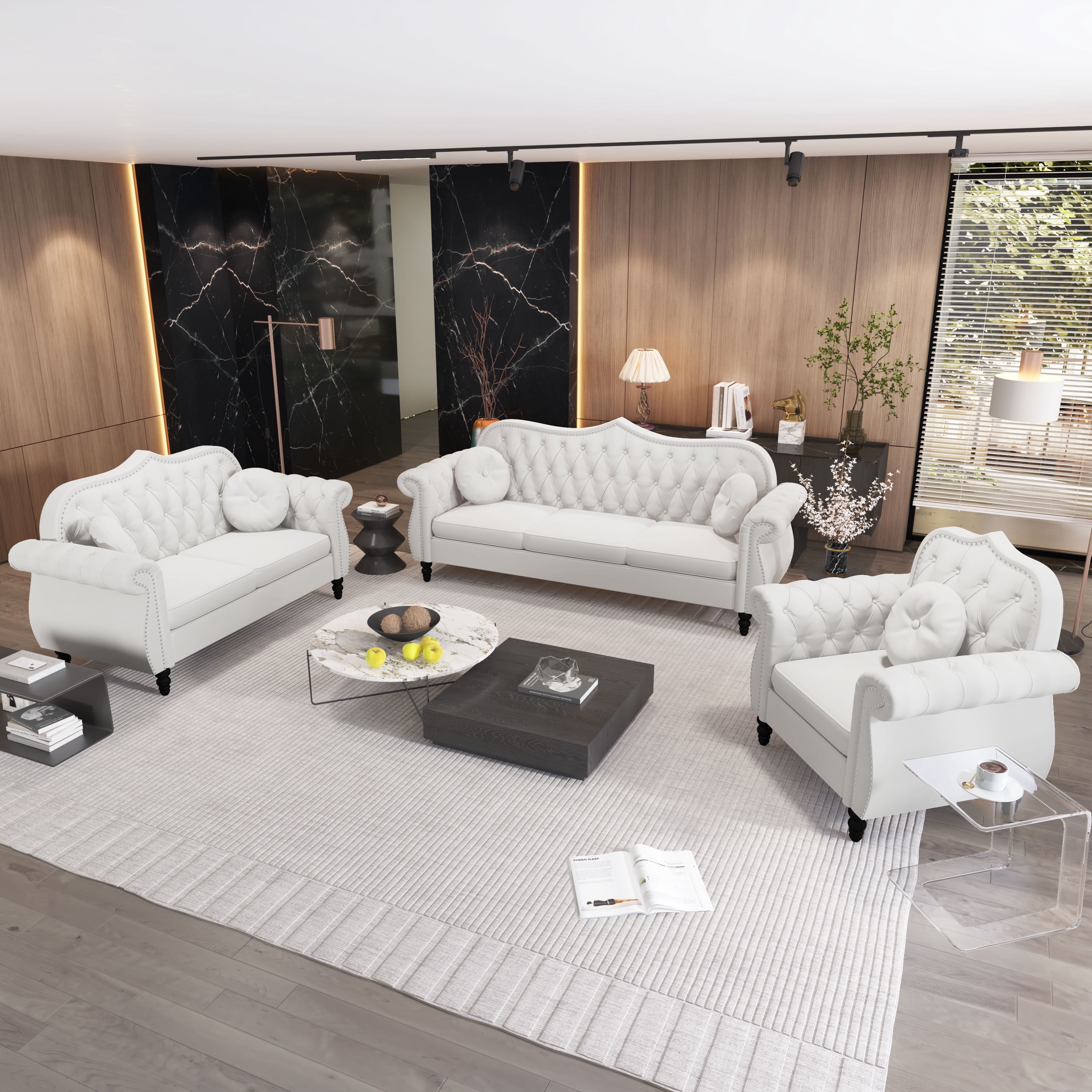 Giratree Living Room Furniture Sets, Chesterfield 3 Piece Sofa Set, Velvet Couch, White