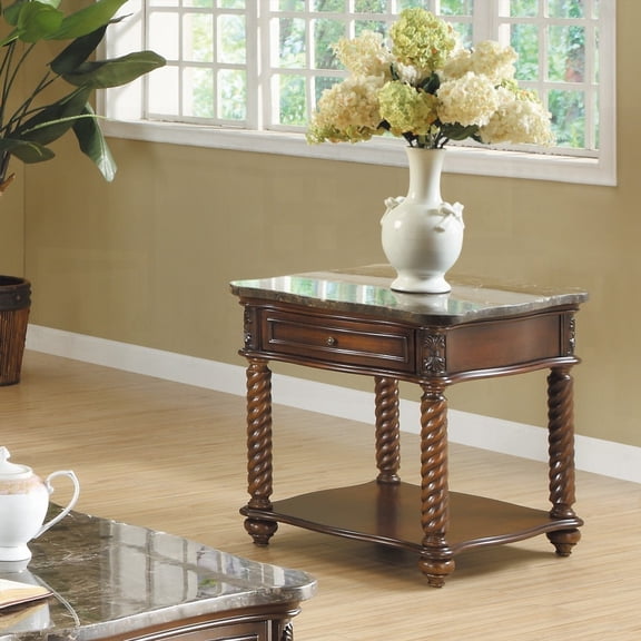 Living Room Furniture Side Table in Mahogany Finish with Marble Top