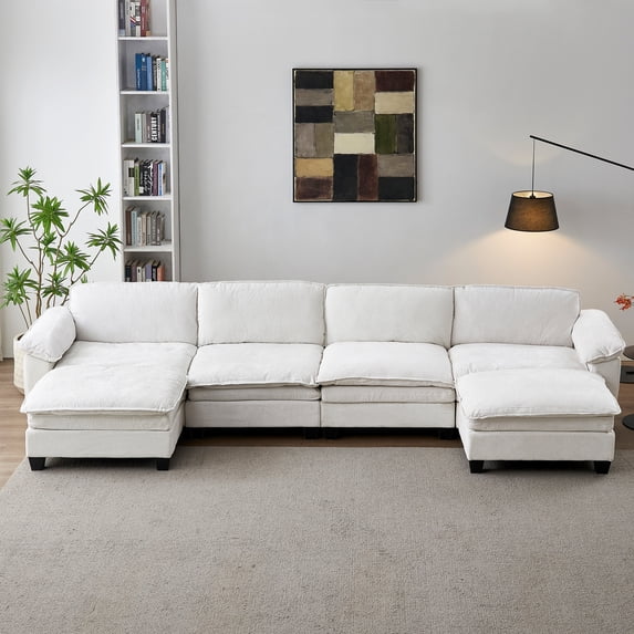 Living Room Furniture Sofa Luxury Couch Four Seater with Two Ottomans Soft Chenille Upholstered U Shape Sofa Beige