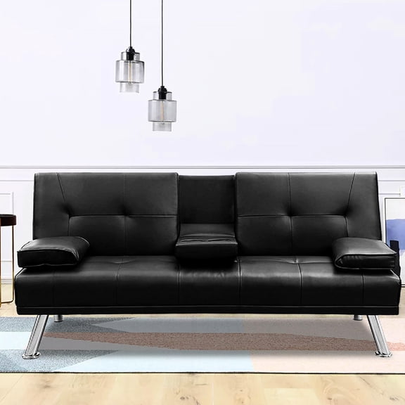 Living Room Futon In Black Faux Leather, 3 Adjustable Settings, Cup Holder, Construction, Removable Convertible Leather Bed , Black, Positions, Metal Legs For Home