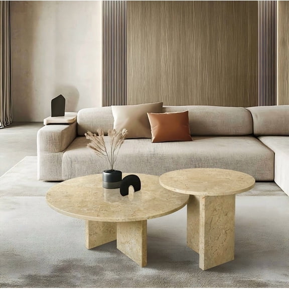 Living Room Glod Yellow Beige Genuine Marble Coffee Table Set - Small & Big Tables