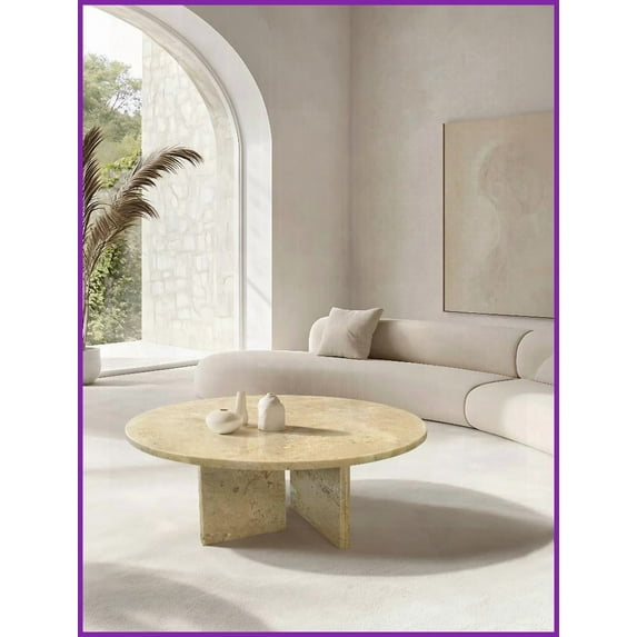 Living Room Gold Yellow Beige Natural Marble Coffee Table, Versatile Layered Sizes (Ø27.6-70 In), Unique Stone Character