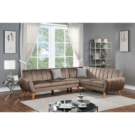 Living Room Gorgeous Velvet Fabric 2pc Sectional Set LAF Sofa And RAF Loveseat Wedge in Light Brown Plush Cushion Lounge Couch