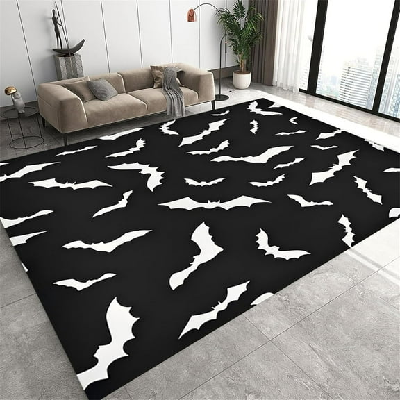 Living Room Halloween Area Rug,Black Print White Bat Rug, Halloween Gothic Decorative Rug, Suitable For Boy Girl Children's Room, Soft Non-Slip Washable Low Pile Indoor Rug 1x2ft