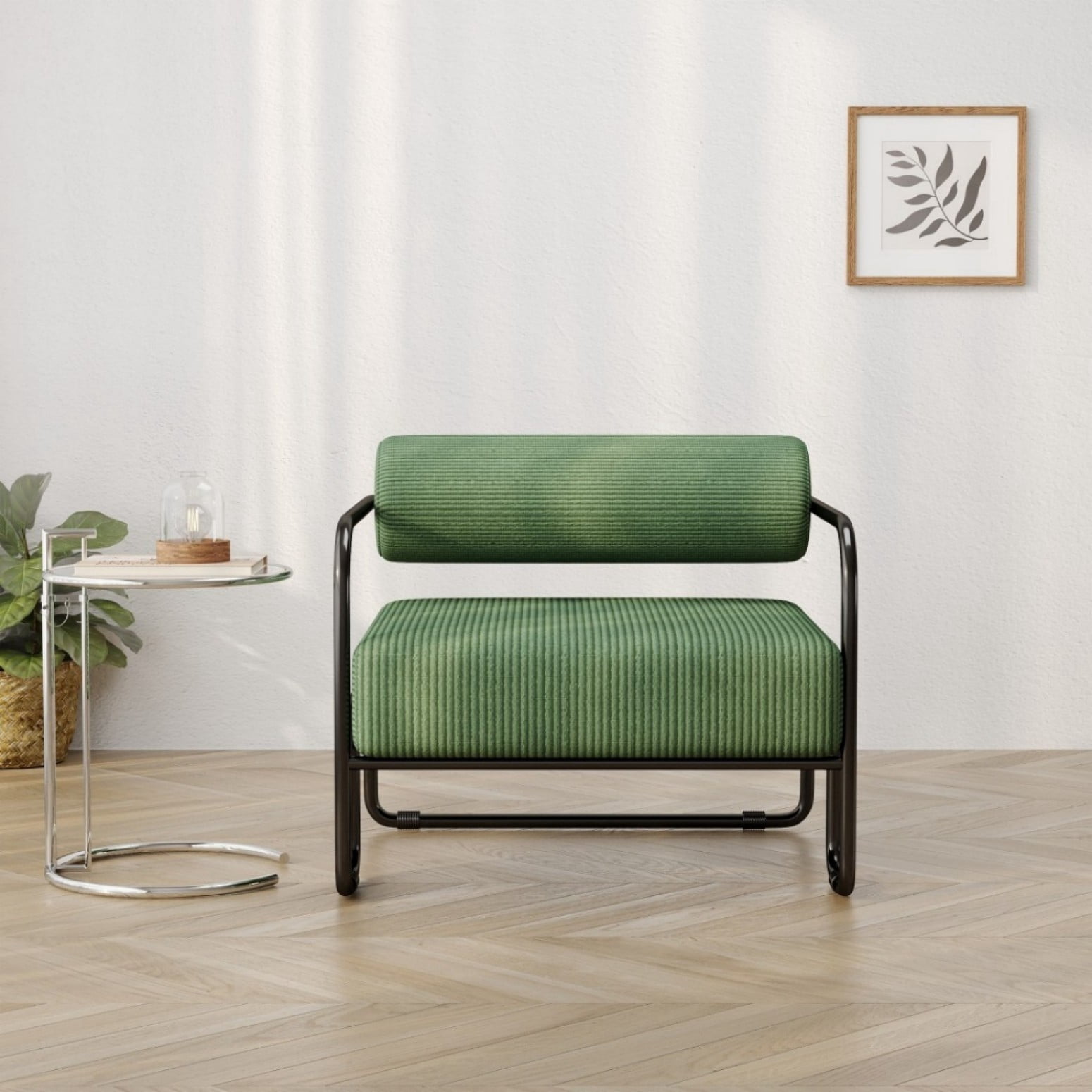Living Room Iron Accent Chair, Corduroy Upholstered Lazy Leisure Chair with Curved Ergonomic Seat & Armrests, Sturdy Metal Frame Reading Chair for Balcony, Bedroom, Apartment, Dark Green