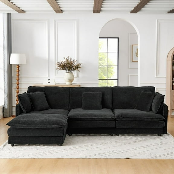 Living Room L-Shaped Sectional Sofa Couches with Ottoman - Convertible 4 Seater Black Towel Fabric Sofa for Home