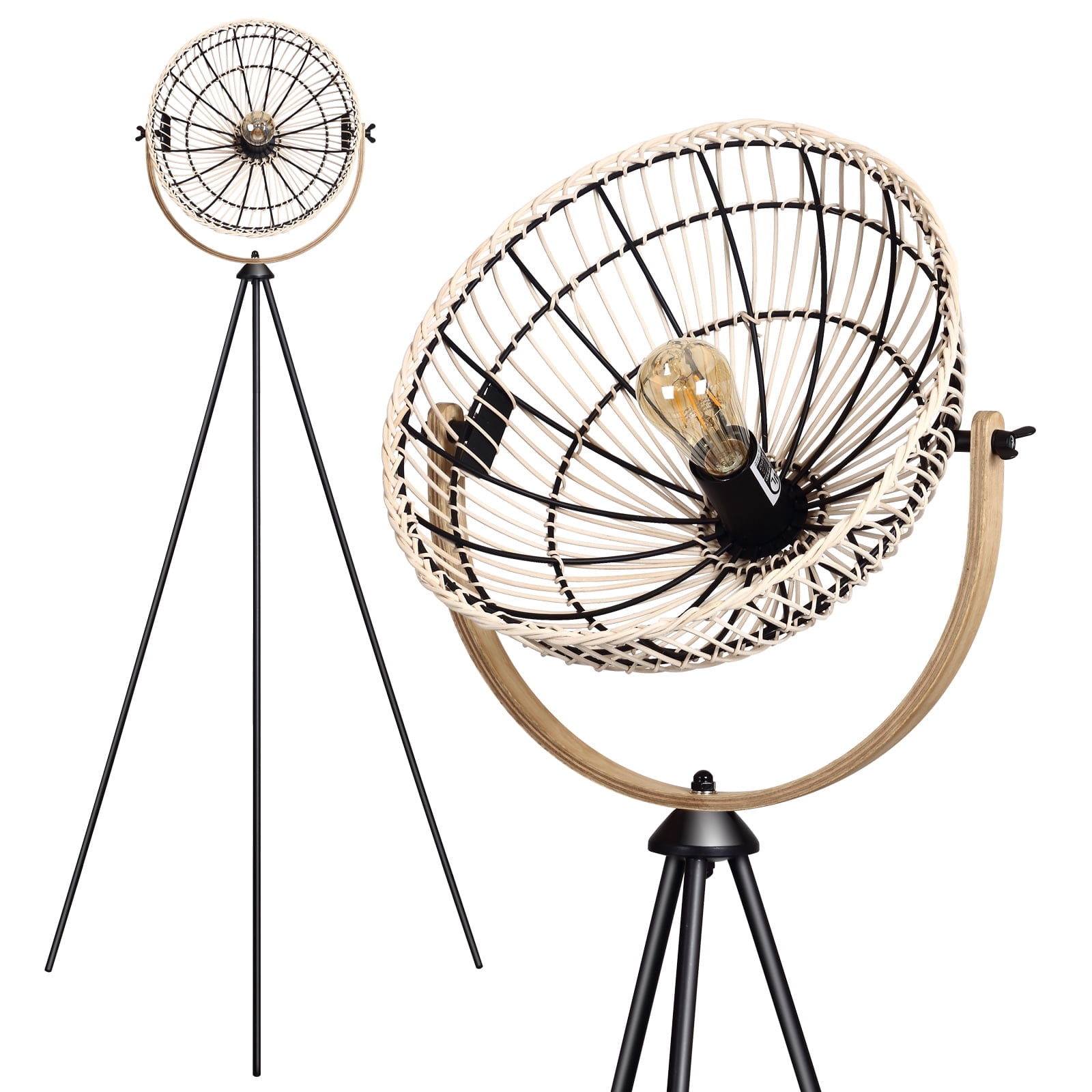 Osasy 65.8 in Rustic Boho Adjustable Height Metal Tripod Floor Lamp with Beige Bowl Shade