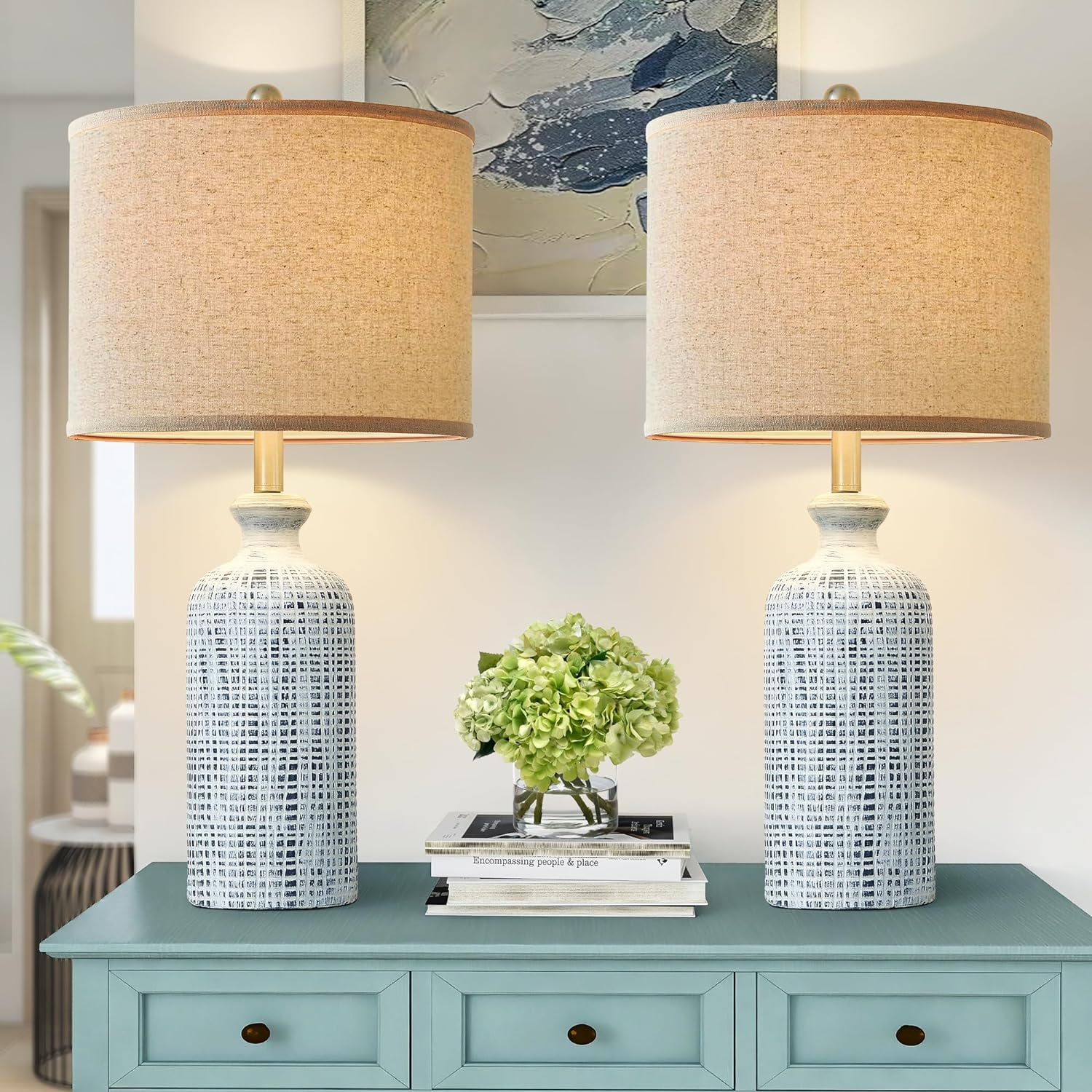 Living Room Lamps Set of 2, Ceramic Table Lamps for Bedrooms with Linen ...