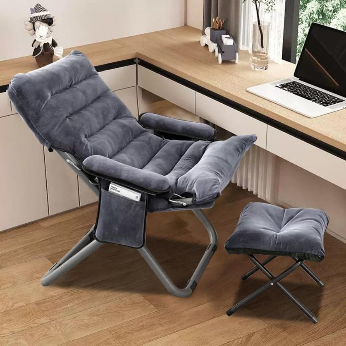 Living Room Lazy Chair with Ottoman & Armrest, Folding Lounge Chair Recling Sofa Comfy Leisure Chair with Side Pocket for Bedroom, Balcony, Living Room, Office, Grey
