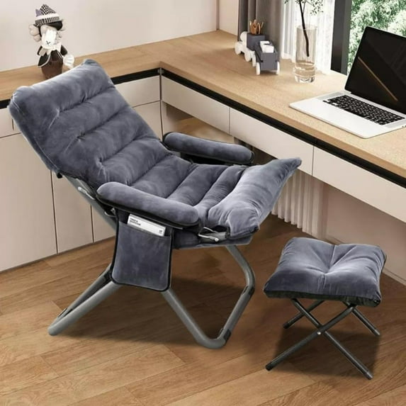 Living Room Lazy Chair with Ottoman & Armrest, Folding Lounge Chair Recling Sofa Comfy Leisure Chair with Side Pocket for Bedroom, Balcony, Living Room, Office, Grey