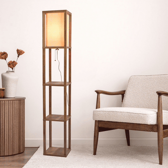 Living Room Light Pinnacle Shelf Floor Lamp For Bedroom/Living Room, Natural Wood with Long Shade,Living Room Lamp