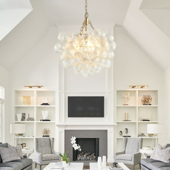 Living Room Lighting 23.6-Inch Gold Pendant Light Chandelier with Threaded Clear Glass Globe Shade – Adjustable Height, Ideal for Living Room, Dining Room, Kitchen (No Bulbs),Living Room Ceiling Ligh