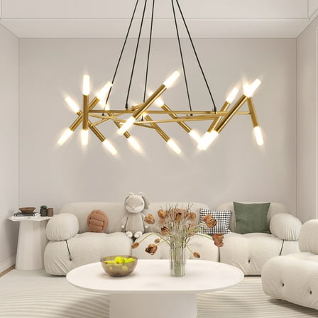 Living Room Lighting 41" Golden Modern Chandelier Light Fixture, Branch Design with Frosted Tubes, Black Cords, Adjustable Height Pendant Light for Dining Room, Living Room, or Kitchen Island (Bulb N
