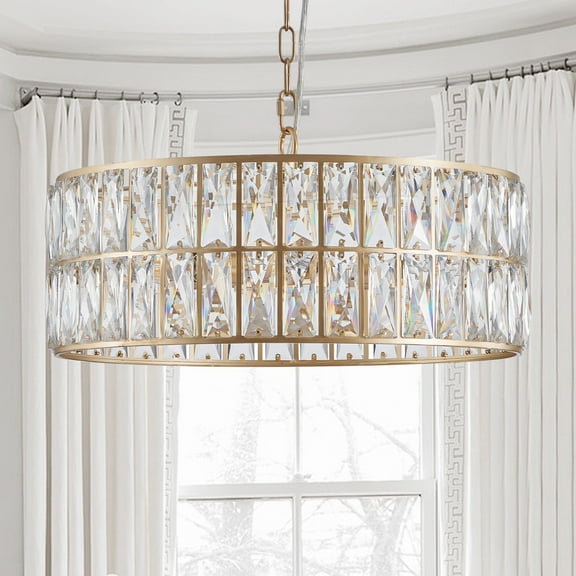 Living Room Lighting (L5025-450-G/W1340P189450)18" Golden Modern Crystal Drum Chandelier, 6-Light Pendant Lighting Fixture with Metal Frame for Living Room, Dining Room, and Bedroom (Bulbs Not Includ