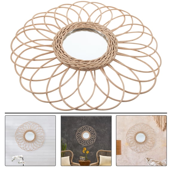 Amosfun Beige Wicker Wall Mirror Rustic Farmhouse Decor for Living Room Bedroom Home