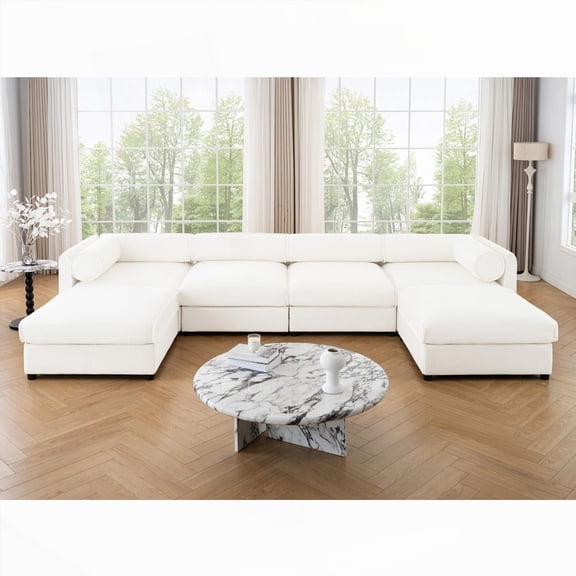 Modern U-Shaped Sectional Sofa with Storage, 220cm Extra Large, White Chenille
