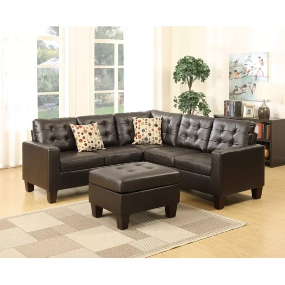 Living Room Modular Sectionals Sofa Modern Espresso 4pcs Set Bonded Leather Tufted Loveseat Corner Wedge Ottoman
