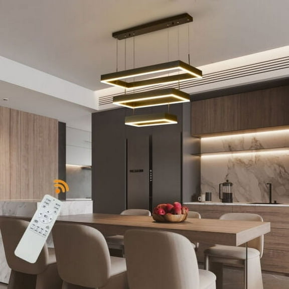 Living Room Office Modern Square 3-ring Chandelier Dimmable with Remote Control