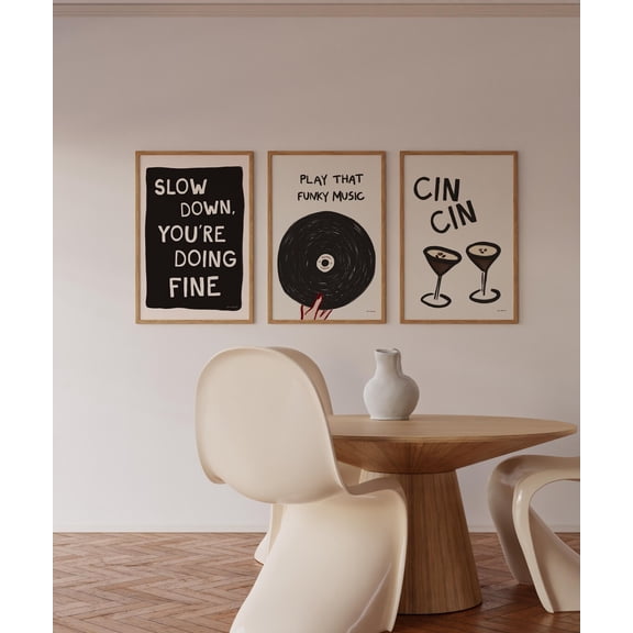 Living Room Print Funky Music Art Print Retro Vinyl Minimalistic Decor Slow Down Set 3 Unframed Paper Print 12x18