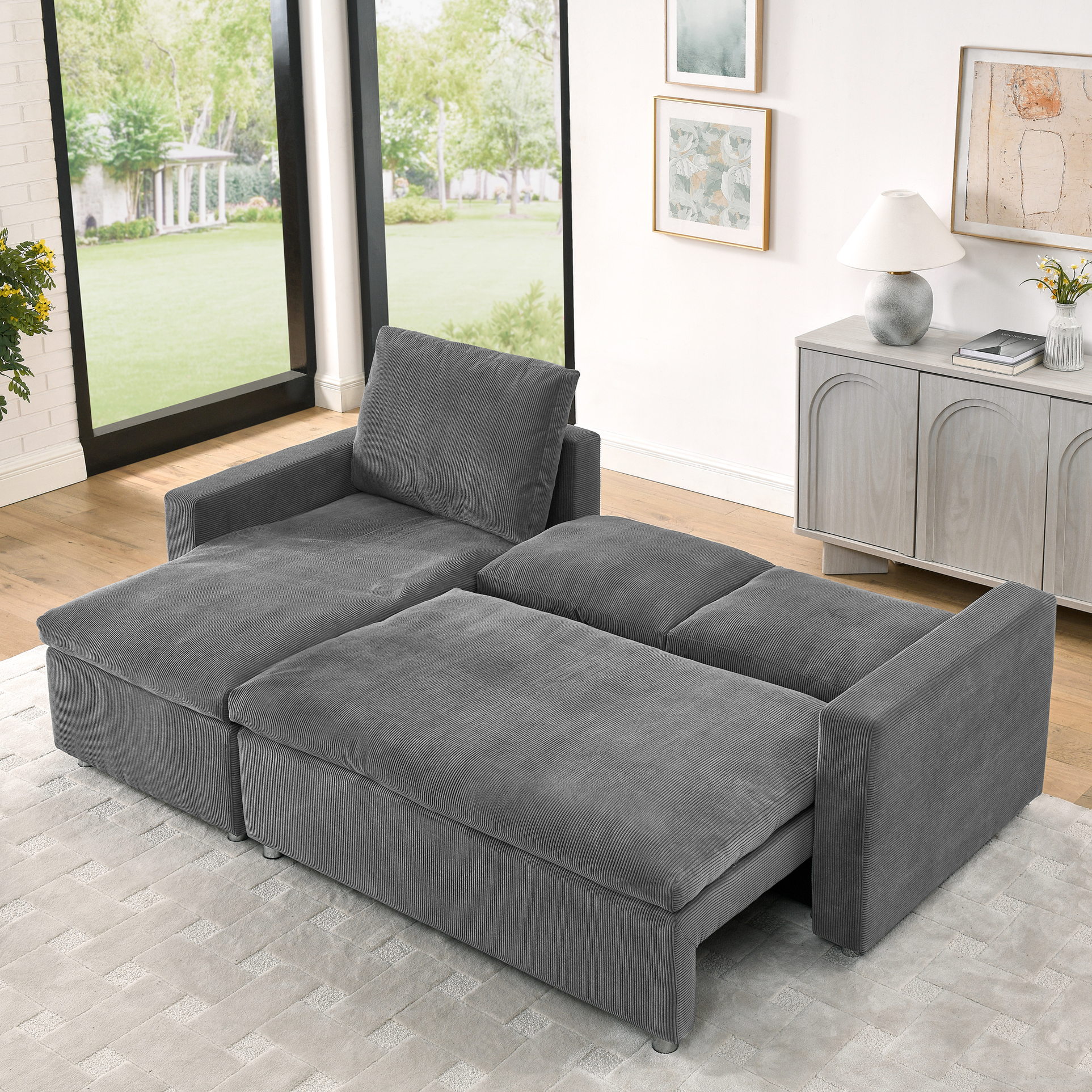 Living Room Pull Out Bed With Grey Corduroy Upholstery And Removable ...