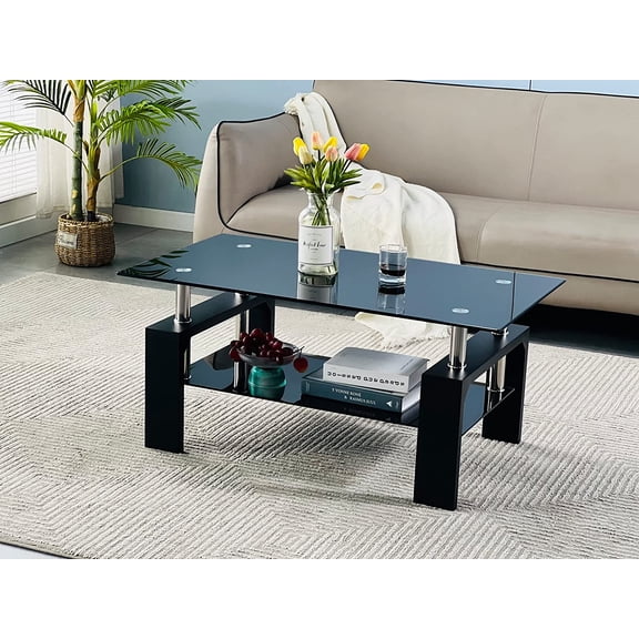 Living Room Rectangle Coffee Table, Tea Table Suitable for Waiting Room, Modern Side Coffee Table with Wooden Leg, Glass Tabletop with Lower Shelf, 39.5D x 23.5W x 17.5H in, Black