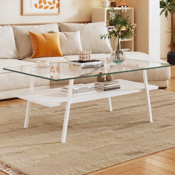 Living Room Rectangle Coffee Table - Tempered Glass Top & White Metal Legs, Dimensions 38.58"L x 22.84"W x 16.73"H, 220lbs Load-bearing
