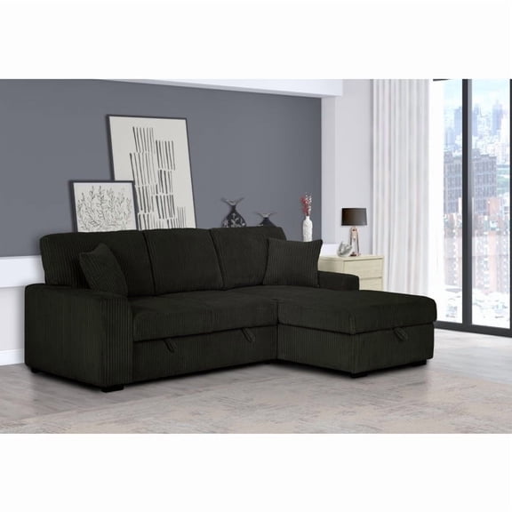 Living Room Right Facing Sectional Sofa Bed with Pull out Bed, Storage, Corduroy Upholstered Convertible Sofa, Black