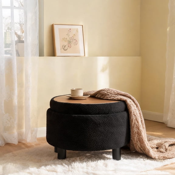 Living Room Round Storage Ottoman, Classic Black 2-in-1 Convertible Coffee Table for Bedroom