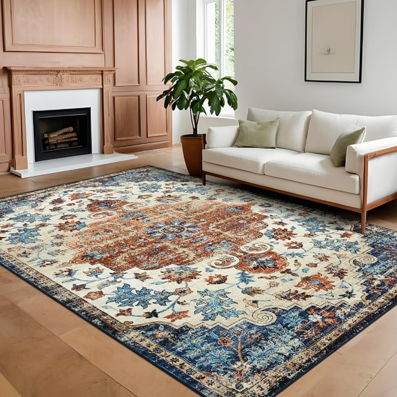 Living Room Rug 10x13 Foldable Machine Washable Area Rug, Non Slip Vintage Distressed Soft Floor Carpet, Low Pile Medallion Oriental Floral Accent Rug for Dining Office, Orange