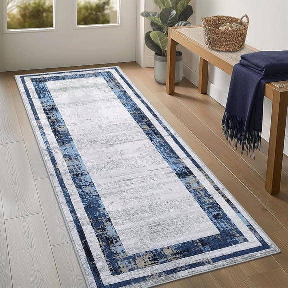 Living Room Rug 2*6ft/4*6ft/5*7ft/6*9ft/8*10ft/9*12ft/10*13ft Washable Distressed Blue Modern Border Contemporary Minimalist Non Slip Soft Decorative Accent Rug Floor Carpet for Bedroom