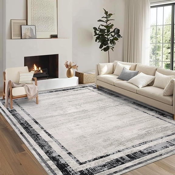 Living Room Rug 2*6ft/4*6ft/5*7ft/6*9ft/8*10ft/9*12ft/10*13ft Washable Distressed Blue Modern Border Contemporary Minimalist Non Slip Soft Decorative Accent Rug Floor Carpet for Bedroom