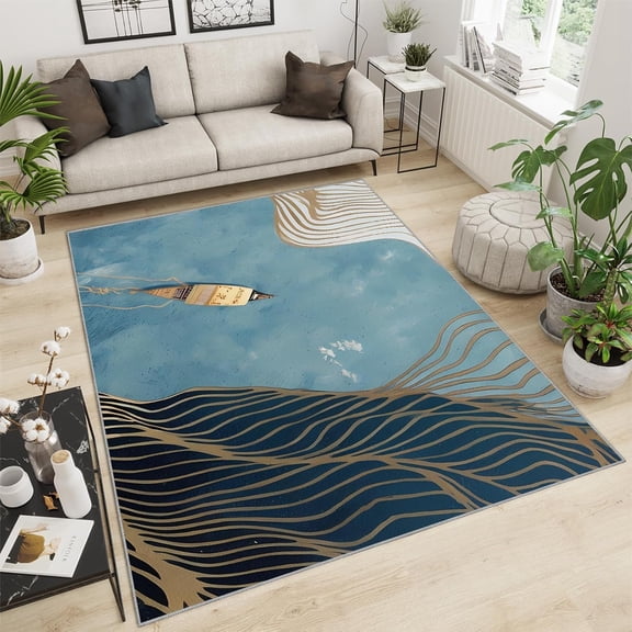 Living Room Rug, 3D River Boat With Luxury Abstract Golden Line Mountain Range Pattern Washable Rug, Soft Short Pile Breathable Foldable Non Slip Rug For Bedroom Decor Mats 2x3ft