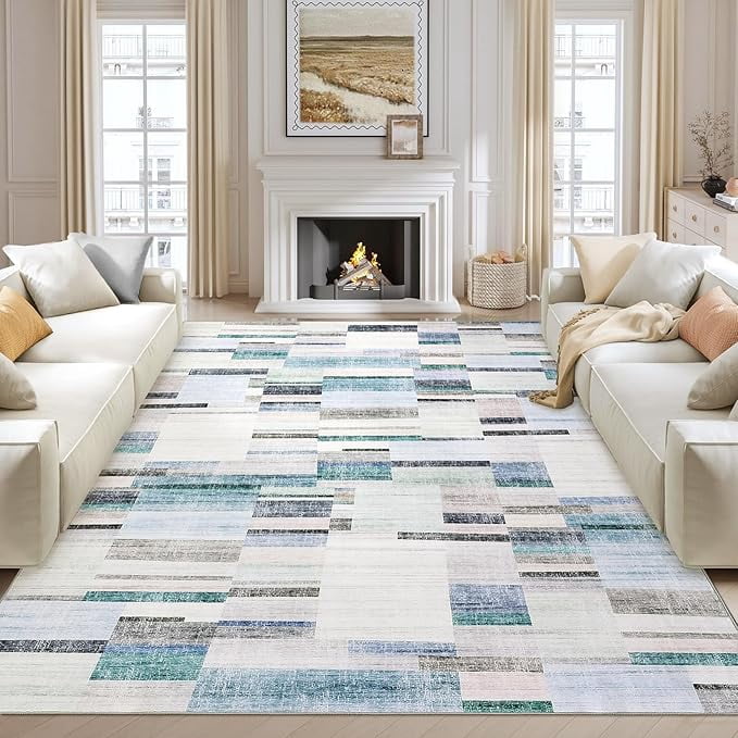 Living Room Rug 5x7, Machine Washbale Area Rugs Modern Geometric Patchwork Carpet Non-Slip Stain Resistant Farmhouse Door Mats Non-Shedding Foldable Rug for Dining Room, Bedroom, Blue