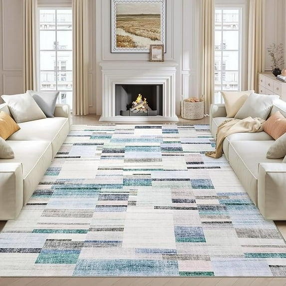 Living Room Rug 5x7, Machine Washbale Area Rugs Modern Geometric Patchwork Carpet Non-Slip Stain Resistant Farmhouse Door Mats Non-Shedding Foldable Rug for Dining Room, Bedroom, Blue