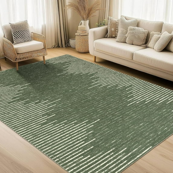 Living Room Rug 5x7 Washable Area Rug for Bedroom Nursery Neutral Area Rugs Modern Striped Office Carpet Stain Resistant Farmhouse Floor Cover Green Rugs
