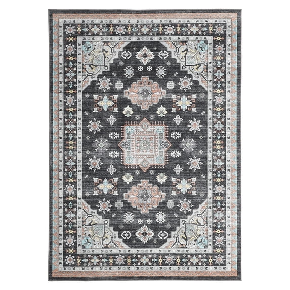 Living Room Rug 5x7, Washable Boho Area Rug Vintage Low Pile Non Slip Carpet for Bedroom, Dining Room Home Office