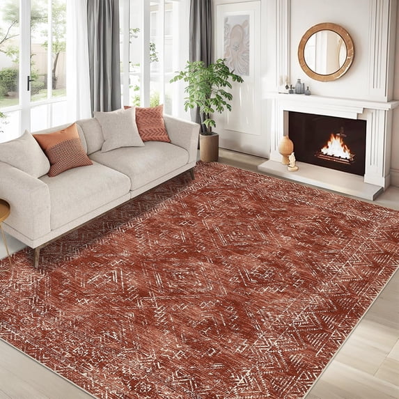 Living Room Rug 5x7 Washable Rug for Bedroom Boho Geometric Non Slip Farmhouse Neutral Rugs Soft Throw Rugs Low Pile Stain Resistant Carpet for Office Nursery Dining Room 5'x7' Brick Red