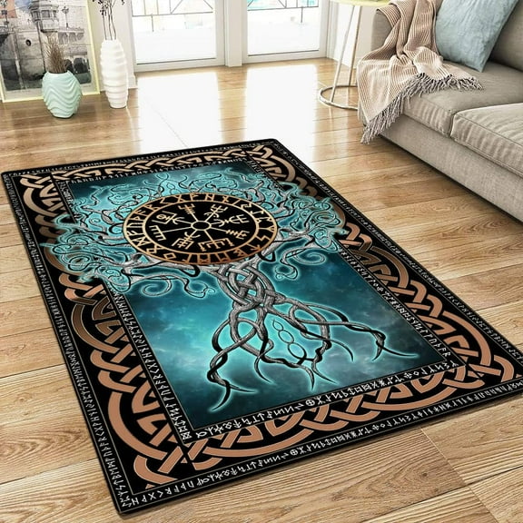 Living Room Rug - 5x8 Rug - Gifts for Men - Bedroom Dinning Room Aesthetic Area Rug - Tree of Life Norse Decor Vikings Blue