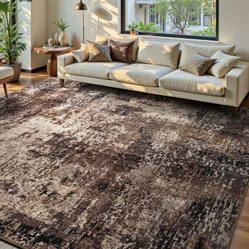 Living Room Rug 6x9 Brown Area Rug Machine Washable Boho Coffee Rug Non Slip Abstract Vintage Indoor Large Rugs for Bedroom, Classroom, College Dorm, Farmhouse, Dining Room, Kids Playroom