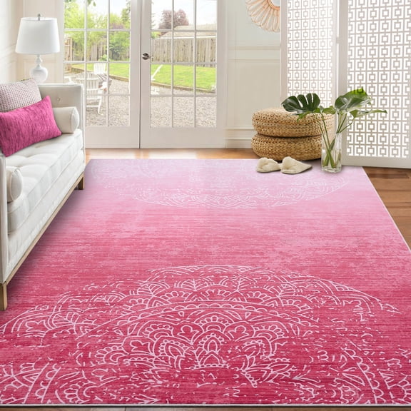 Living Room Rug 8x10 Modern Ombre Rug Washable Rug Distressed Pink Rug, Soft Stain Resistant Rug, Non Slip Low Pile Thin Rug, Indoor Foldable Printed Rug for Bedroom, Nursery