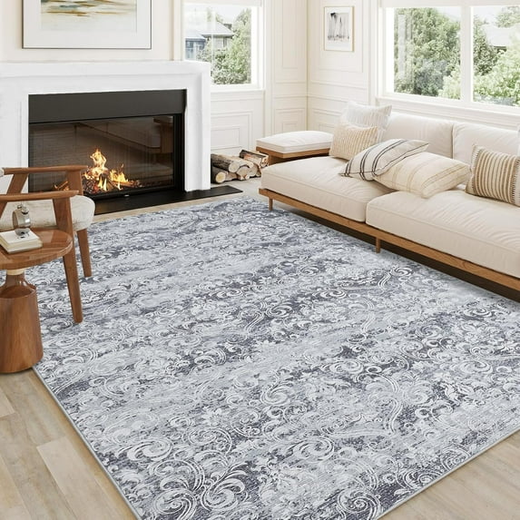 Living Room Rug 8x10 Washable, Soft Vintage Damask Distressed Large Area Rugs for Bedroom Boho Abstract Indoor Floor Carpet, Low Pile Non-Slip, Grey