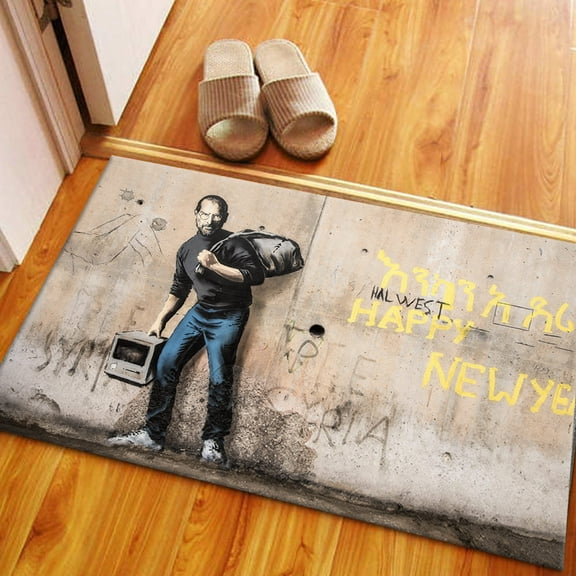 Living Room Rug, Floor Rug, Street Rug, Modern Rug, Abstract Rug, Migrant Steve Jobs Rug, Migrant Rug, Non Slip Rug, Hallway Rug, Banksy Art, 1.7'x2.3' - 50x70 cm