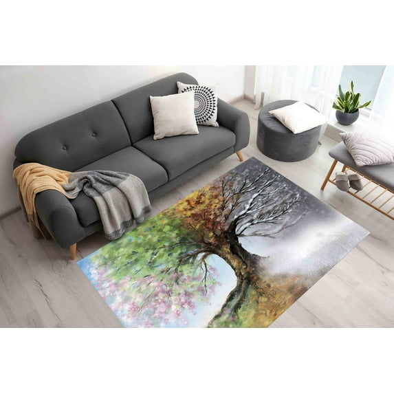 Living Room Rug, Trendy Rug, Area Rug, Modern Rugs, Entry Rugs, View Rug, View Rugs, Four Seasons Tree Rug, Colorful Rugs, Farmhouse Rugs, 2'x3' - 60x90 cm