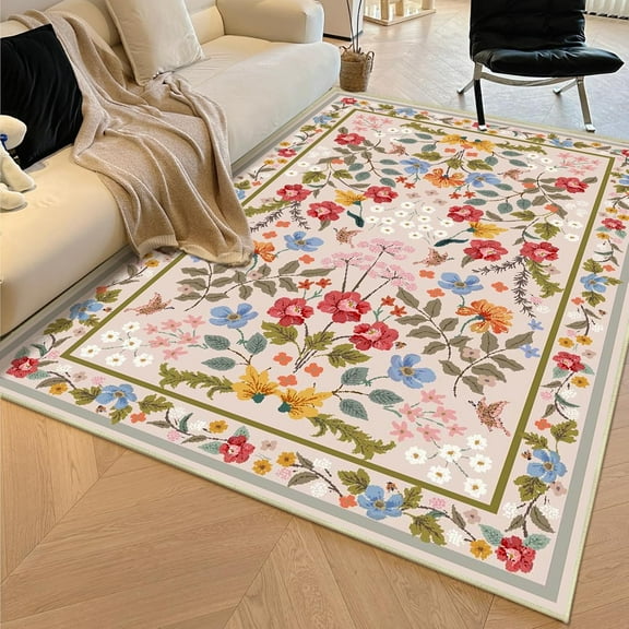 Living Room Rug Washable Area Rug Floral Rugs With Rubber Backing Non-Slip Large Rugs For Living Room, Bedroom, Farmhouse, Dining Room 3x4ft